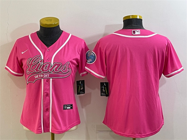 Women's Detroit Lions Blank Pink With Patch Cool Base Stitched Baseball Jersey(Run Small)